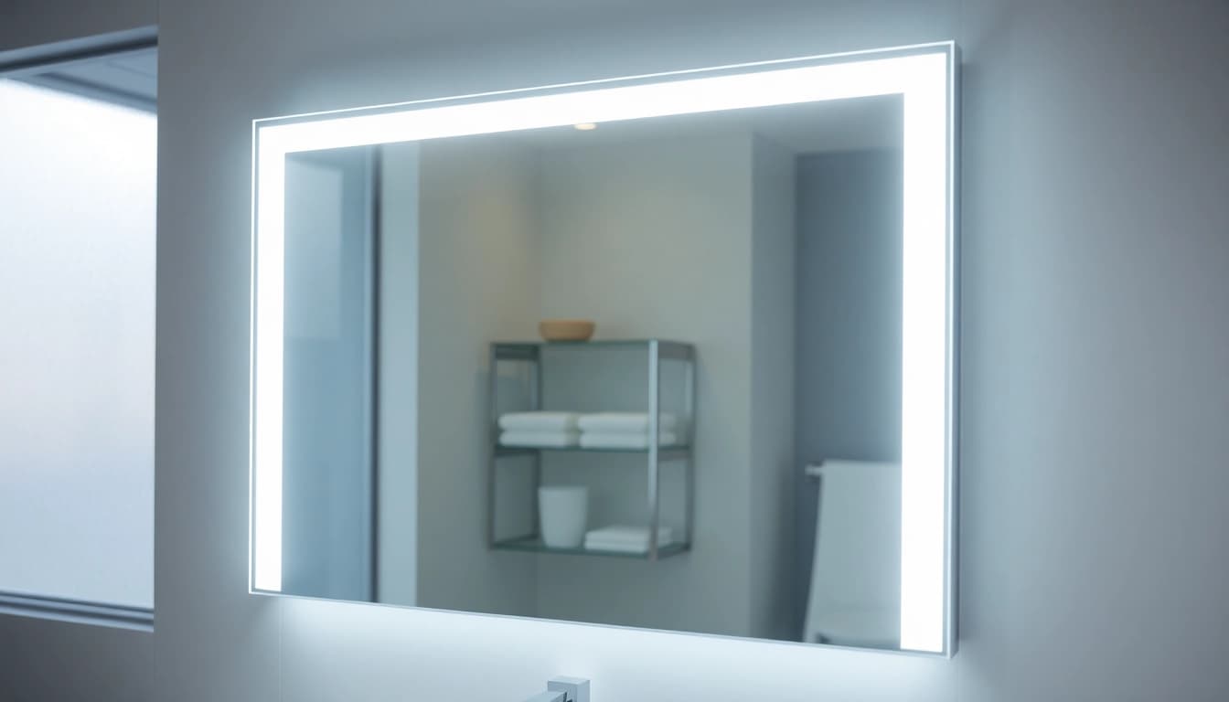 Admire the bright illumination of a led bathroom mirror showcasing sleek design and elegant features.
