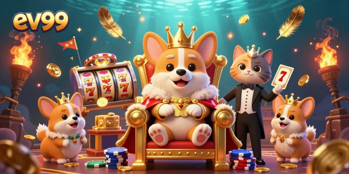 Experience the vibrant ev99 casino world with lively slots and royal characters in action.