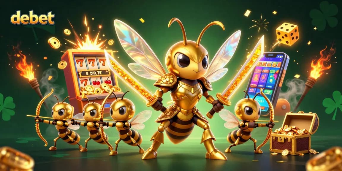 Join the debet gaming adventure with golden hornet characters surrounded by jackpot symbols and casino elements.