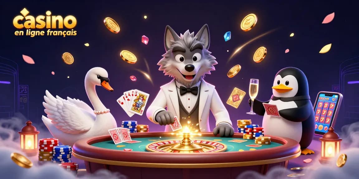 Jouer au casino en ligne français avec un loup élégant, un cygne et un pingouin, entourés de richesses.