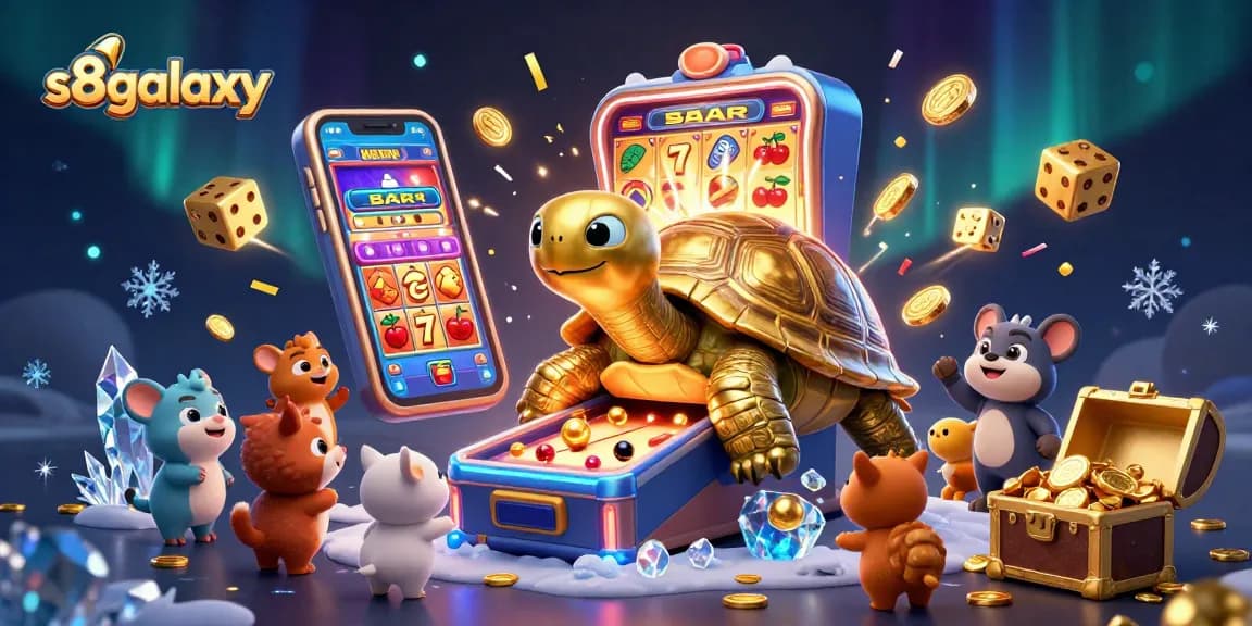 S8galaxy brings thrilling gaming action with a colossal golden tortoise as a pinball machine amid exploding slot jackpots.