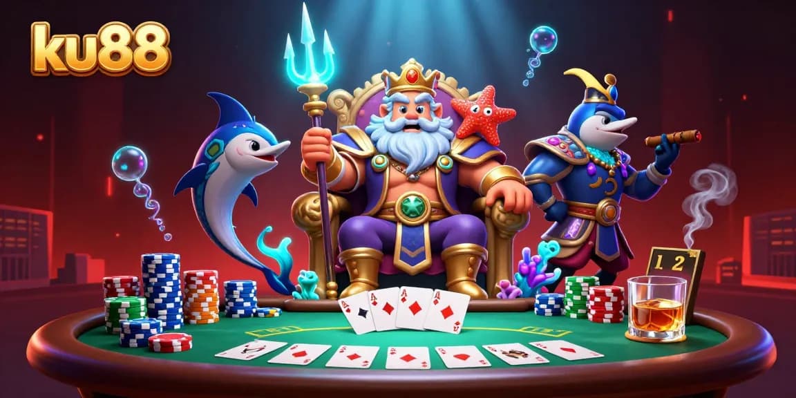 ku88 poker scene with Neptune and samurai amidst vibrant casino elements