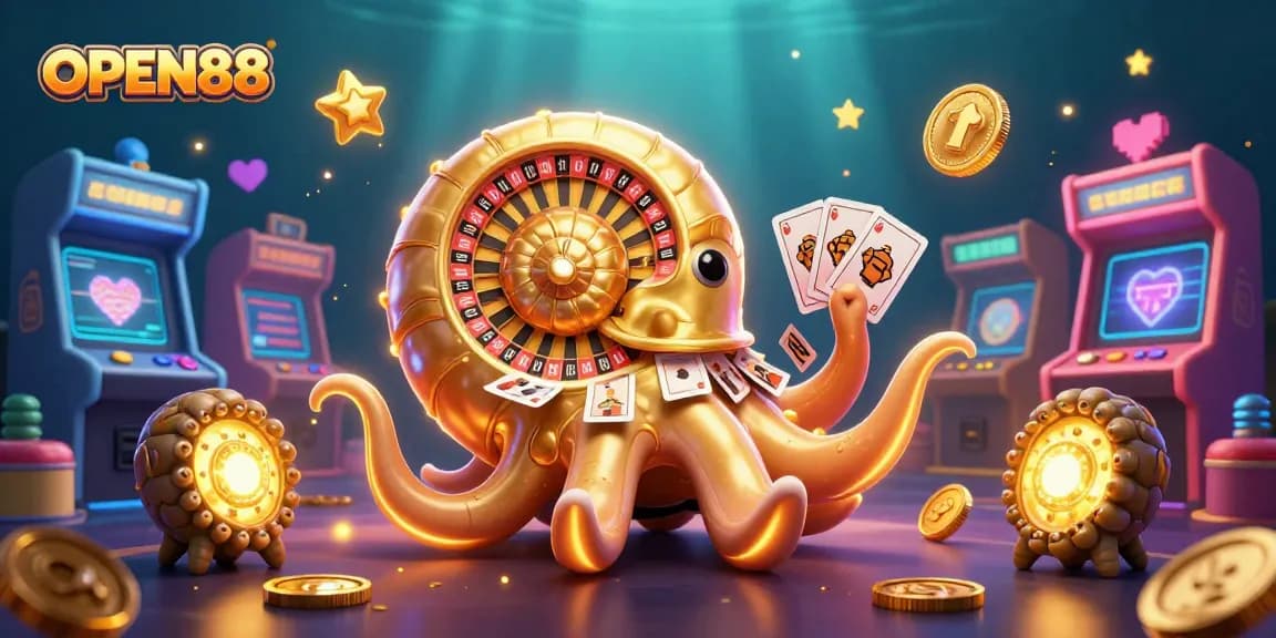 Experience immersive gameplay at OPEN88 with vibrant casino-themed 3D illustration featuring a golden nautilus roulette wheel.