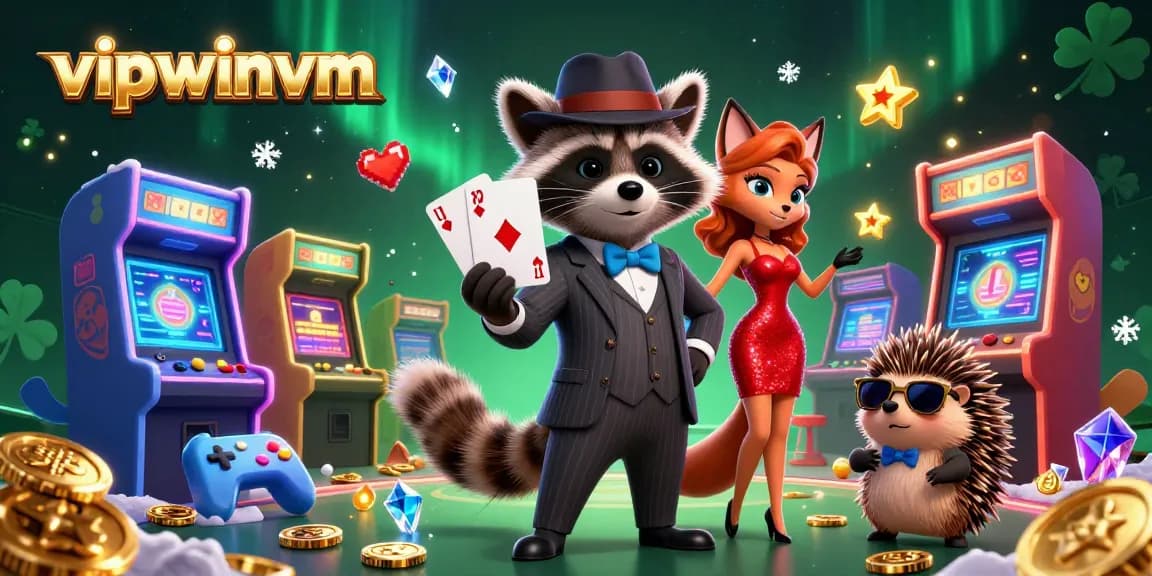 Experience high-stakes gaming with vipwinvm as the raccoon reveals a royal flush in a vibrant casino scene.