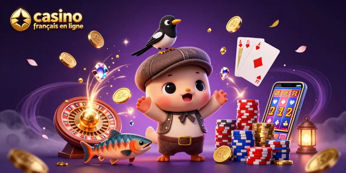 Accédez à des jeux sur le casino français en ligne avec une illustration de personnages attachants et d'éléments de jeu captivants.