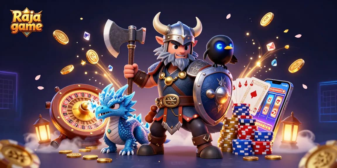 Experience thrilling action in Raja game with Viking warrior, dragon, and vibrant casino elements.
