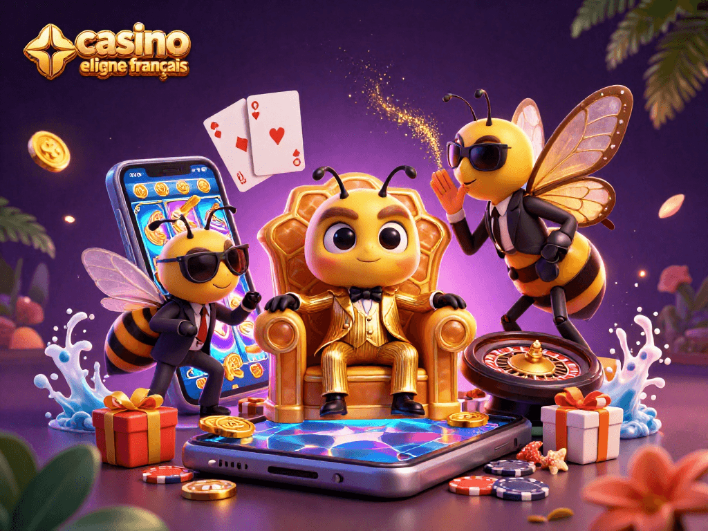 Une illustration dynamique de "casino en ligne français" avec un boss guêpe et des éléments de jeu autour.