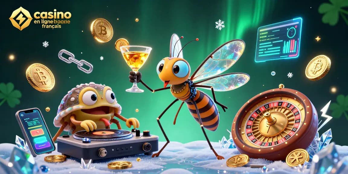Explorez le casino en ligne français avec un sceau de fierté, entouré de pièces de crypto-monnaie et d'effets éclatants.