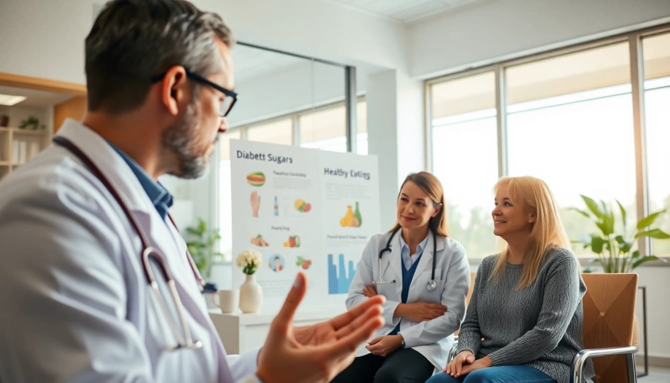 Engaging conversation about Diabetes Management between a doctor and patient in a bright clinic.