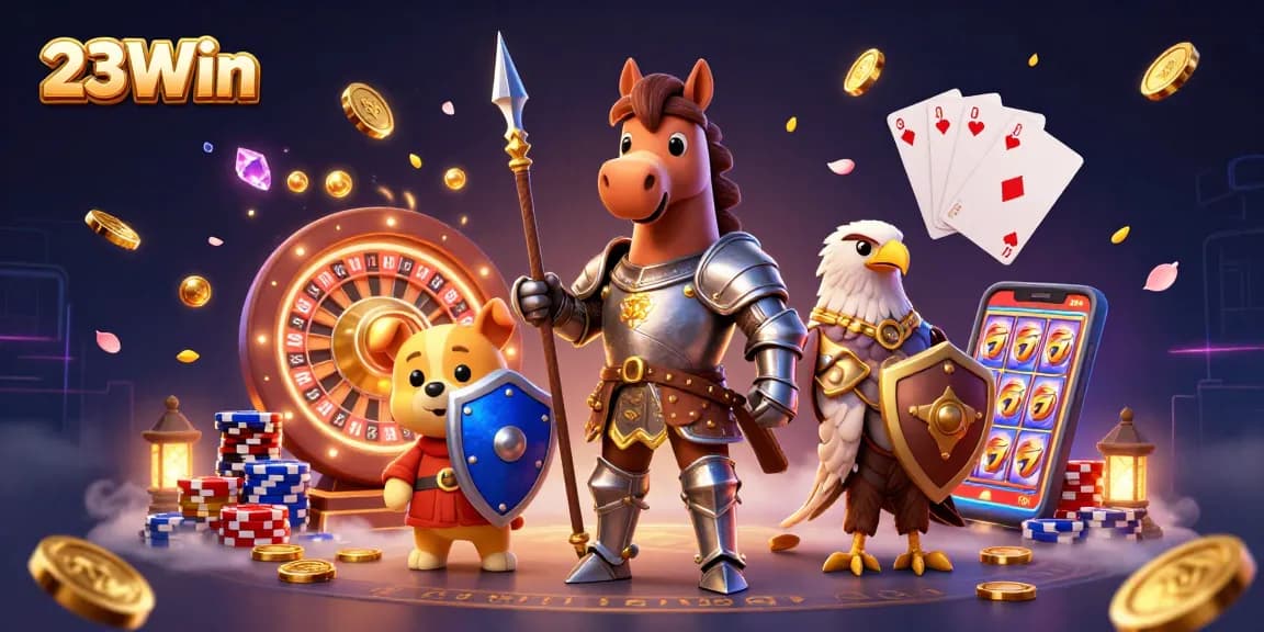 Experience the thrill of winning at 23Win with this vibrant casino illustration featuring a knight and whimsical characters.