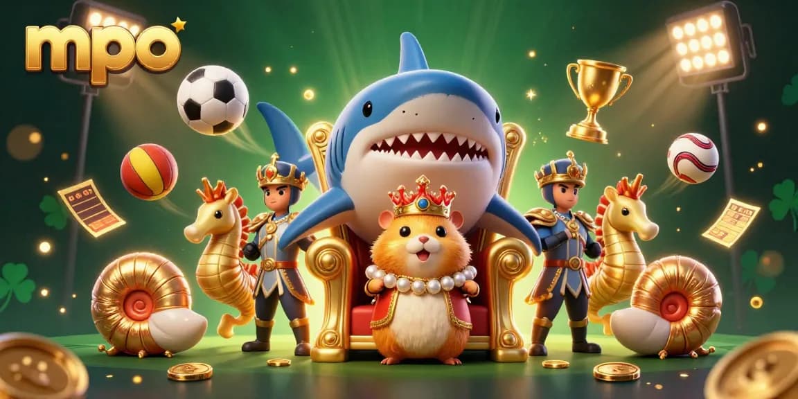 MPO features a dynamic illustration with a golden hamster king and seahorse guards amidst exciting sports elements.