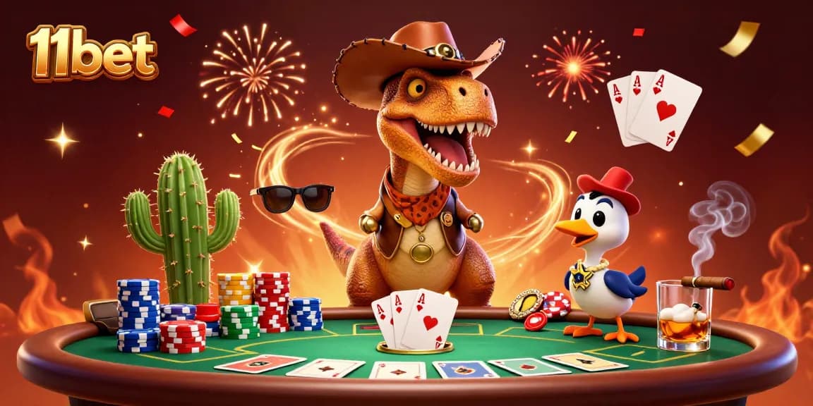 Experience the excitement of 11bet with a vibrant 3D scene featuring casino characters and poker elements.