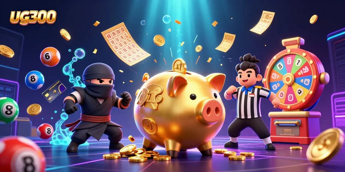 Mengguncang koin emas, ug300 menyajikan pertarungan epik antara sumo dan ninja dalam ilustrasi kasino.