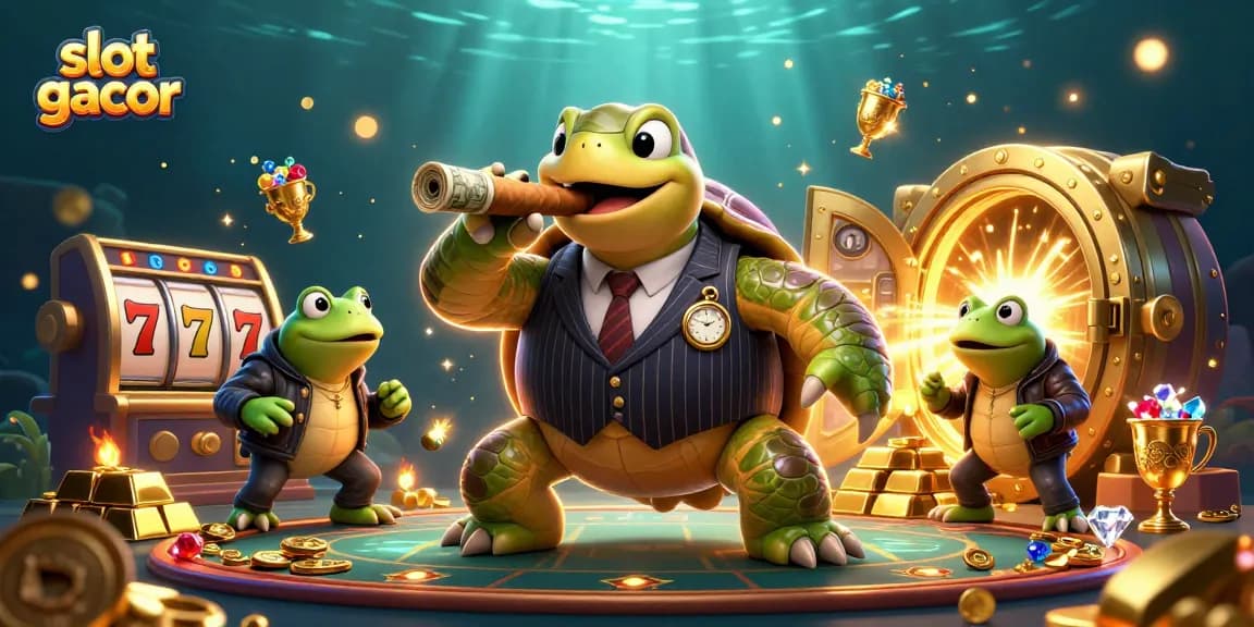 Bermain di slot gacor dengan pasti menang, dikelilingi oleh harta karun dan karakter menarik.