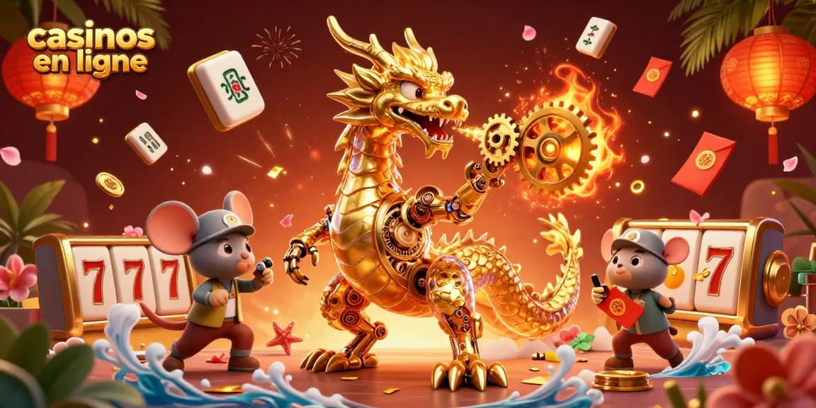 Une illustration 3D animée d'un dragon doré dans le monde des casinos en ligne, entouré de symboles de chance.
