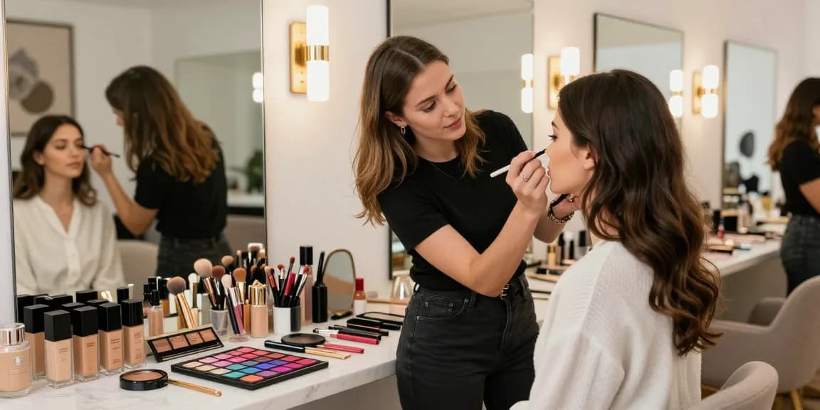 Trucco personalizzato applicato durante consulenza in studio di bellezza, prodotti disposti elegantemente.