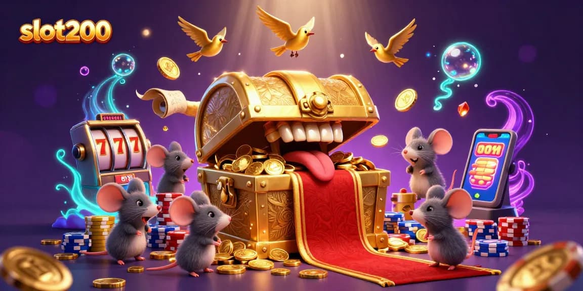 Spin the reels at slot200 and uncover treasures under a cascade of gems and gold coins in a vibrant casino scene.
