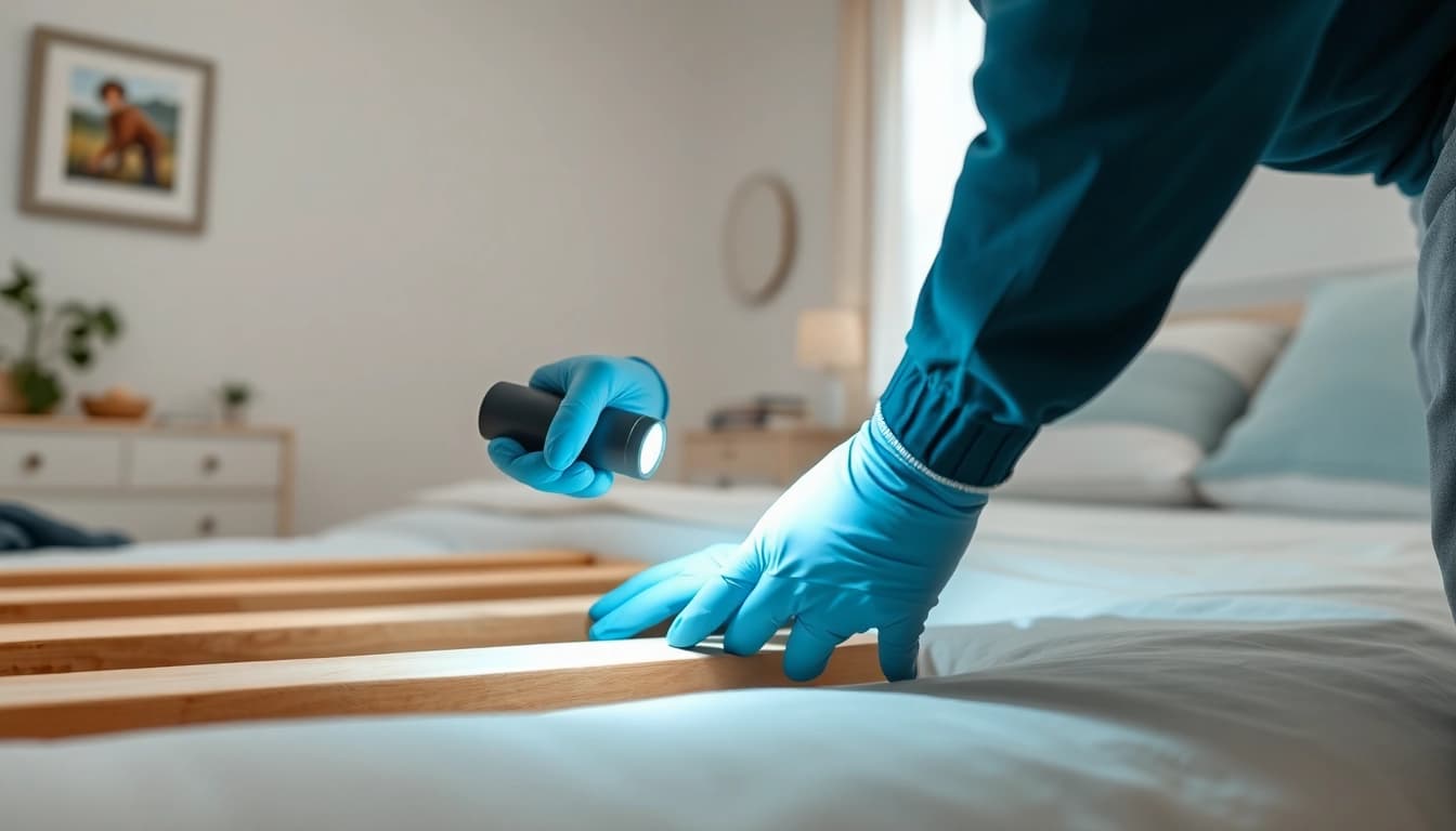 Inspecting bed frame for efficient bed bug control in a clean bedroom environment.