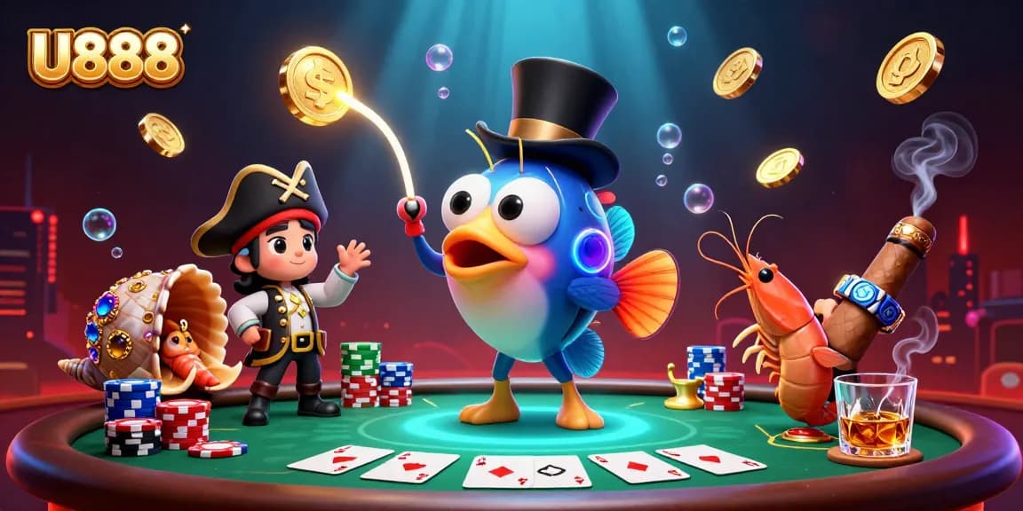 U888's engaging deep-sea casino scene showcasing vibrant characters attracting coins during a lively poker game.