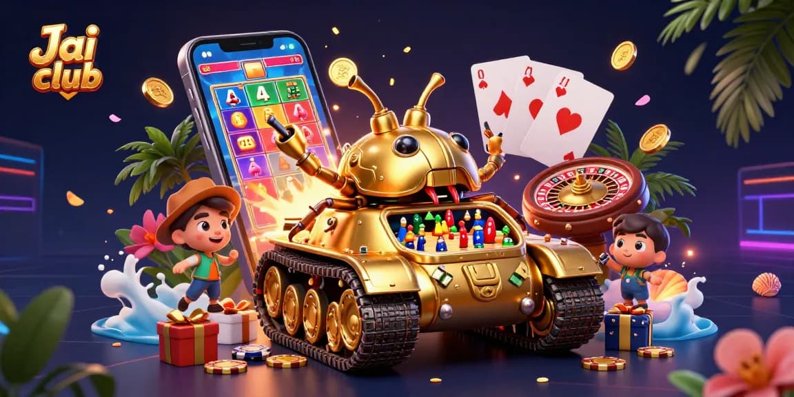 Experience thrilling gameplay with Jai club's vibrant casino-themed 3D illustration featuring a golden beetle tank.