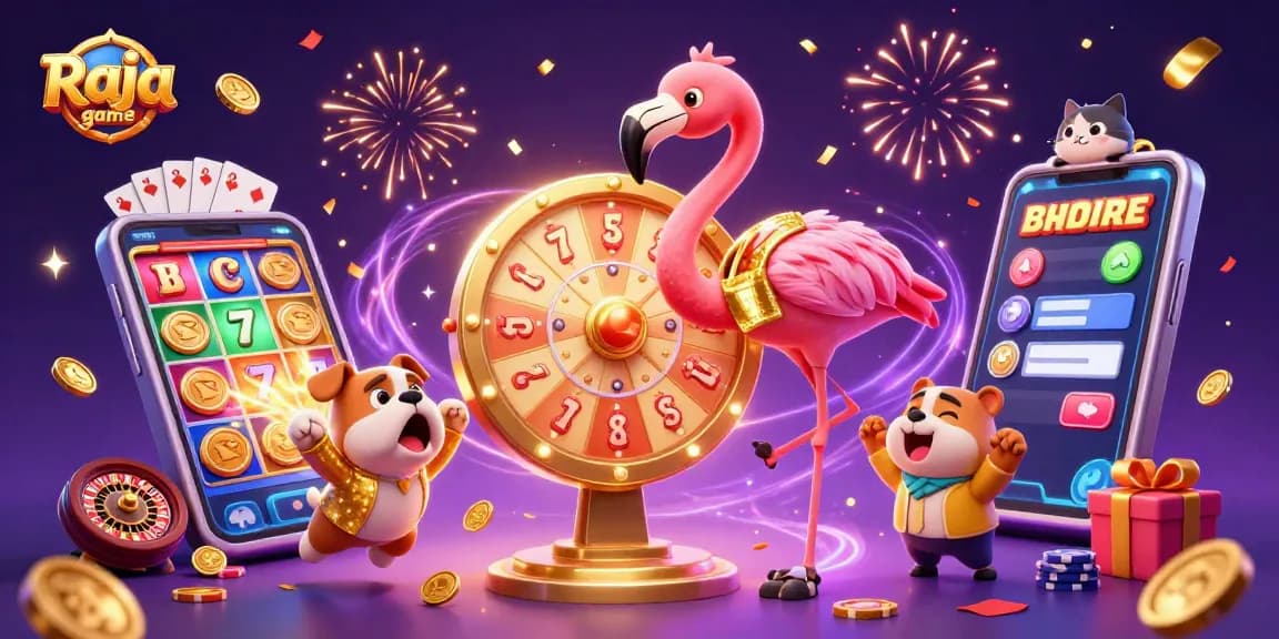 Engage with Raja game as a flamingo host spins a prize wheel surrounded by vibrant casino elements.