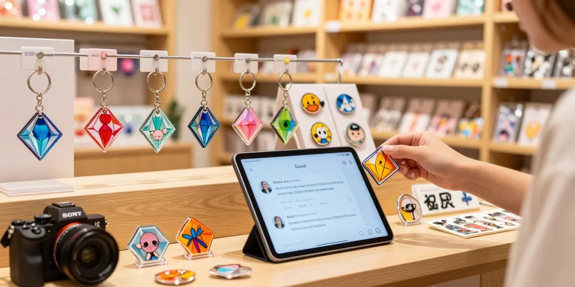Custom Acrylic Diamond Keychain selections in a vibrant shopping setting, showcasing unique designs and user interaction.
