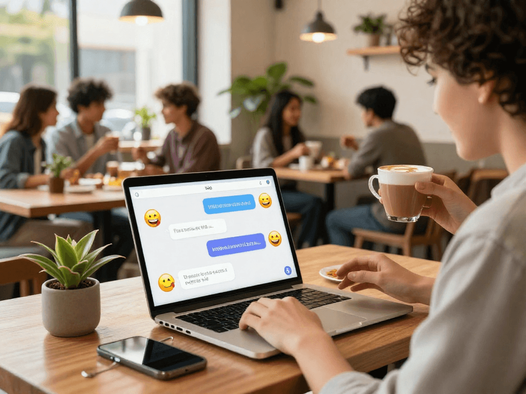 Engaging spicy chat ai interaction scene in a modern cafe with vibrant emojis.
