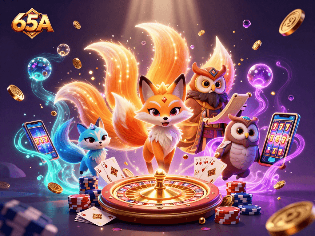 Ganhe com 65A no cassino virtual com uma ilustração 3D cheia de energia e prêmios cintilantes.