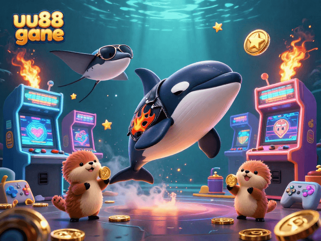 Experience adventure with uu88 gane as a biker orca, cool stingray, and otters amidst vibrant arcade elements.