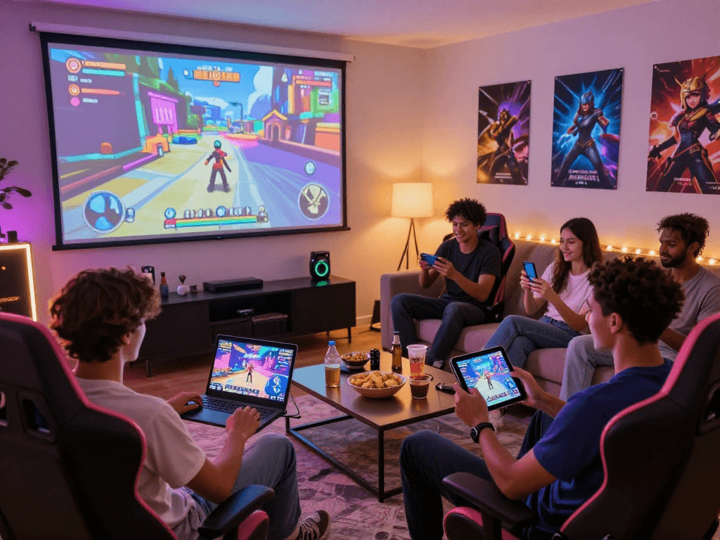 Exciting scene of friends playing sex games on various devices in a cozy living room, vibrant game visuals.