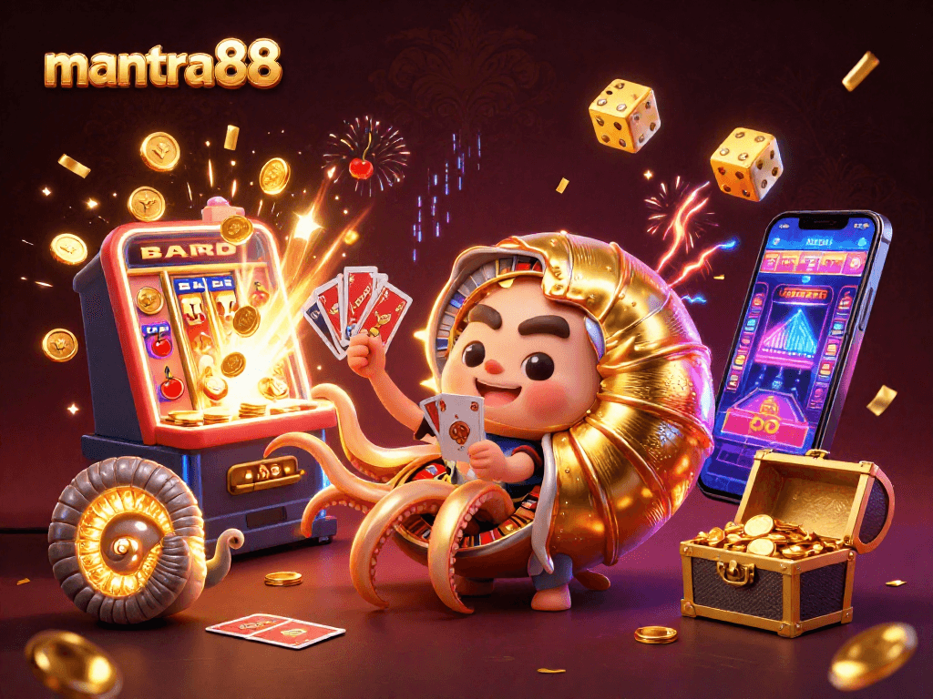 Experience the excitement of mantra88 with a vibrant casino scene featuring a giant nautilus roulette wheel.