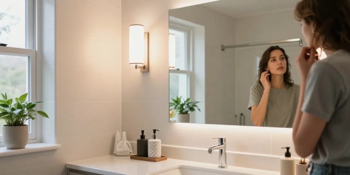 Aplica baie modernă cu iluminat LED în baie elegantă, creând o atmosferă primitoare.