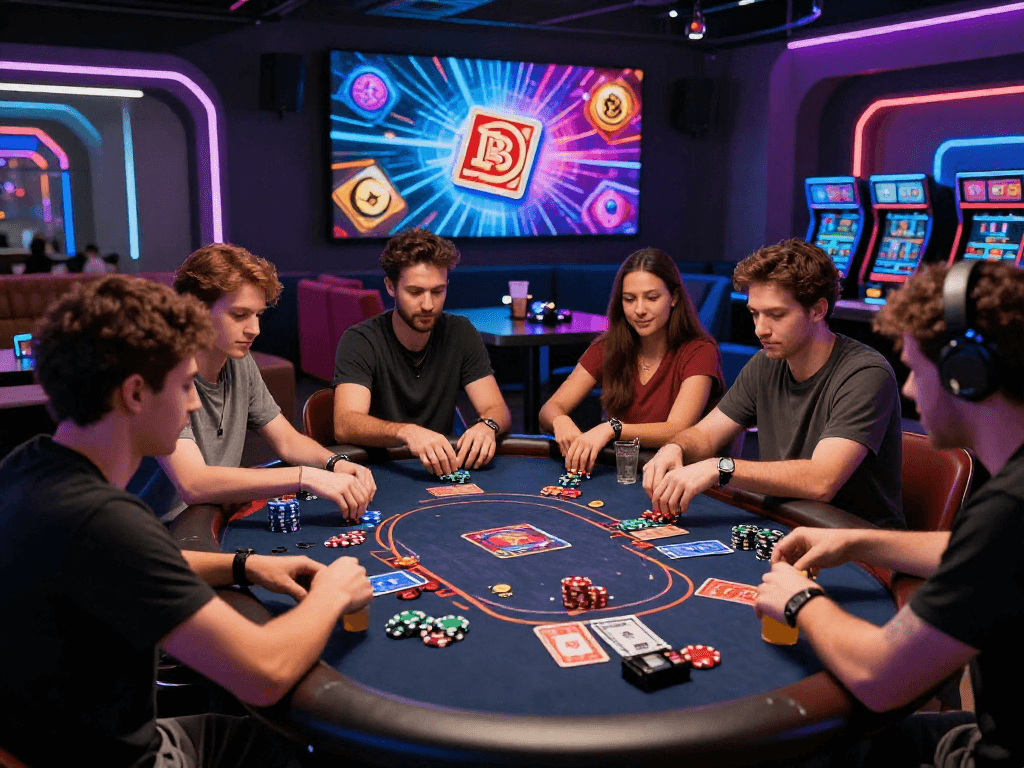 Exciting crypto casino scene with players engaged in digital poker, vibrant graphics, and neon lighting.