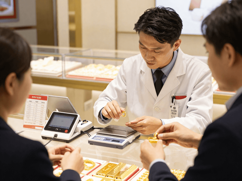 Gold buying consultation at a modern jewelry store with mantra88 login displayed on tablet.