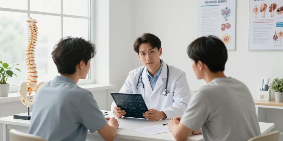 Discussion on boyun fıtığı ameliyatı with surgeon and patient in a medical setting.