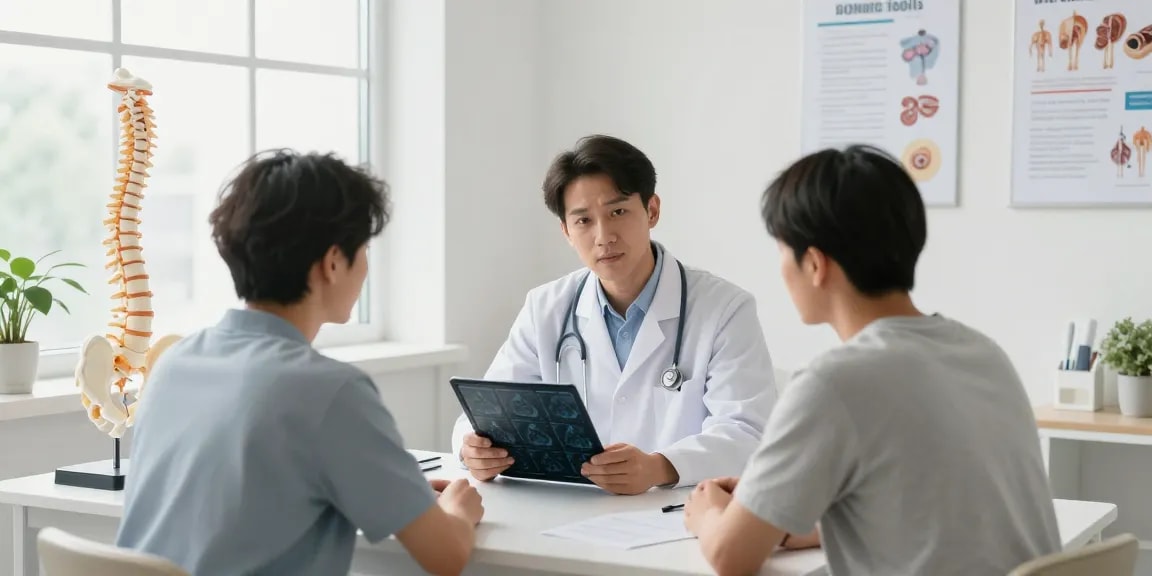 Discussion on boyun fıtığı ameliyatı with surgeon and patient in a medical setting.