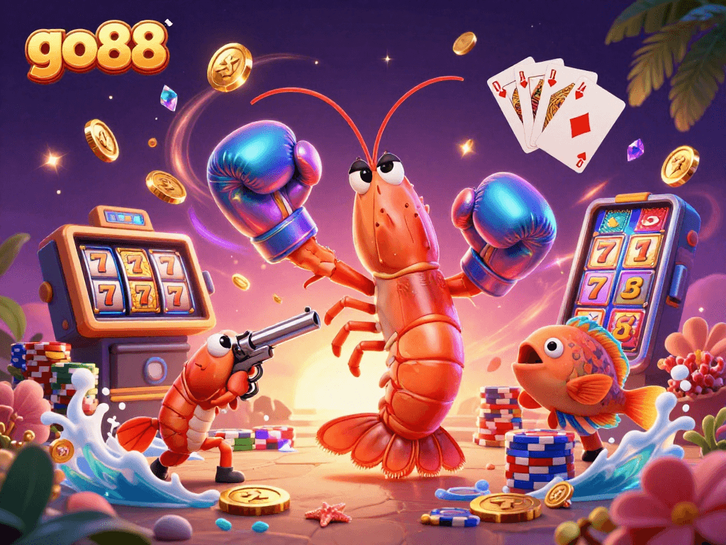 Experience go88's excitement with a vibrant casino scene featuring animated sea creatures and gambling elements.