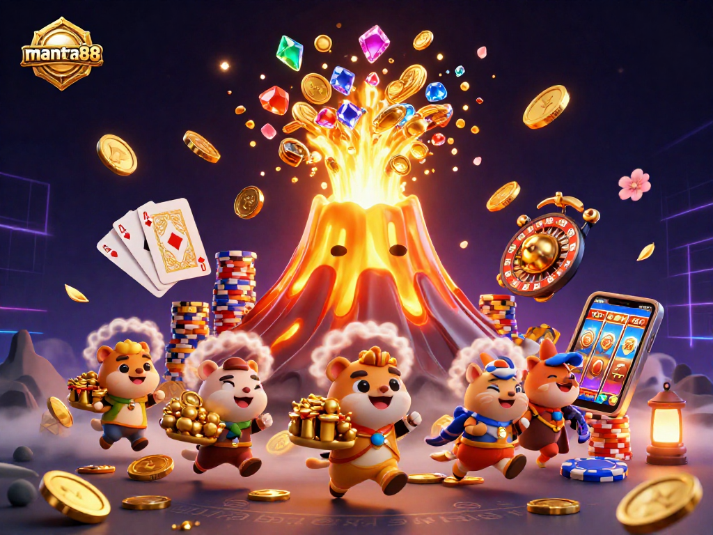Engaging scene at mantra88 featuring a golden volcano erupting treasures and vibrant casino elements.