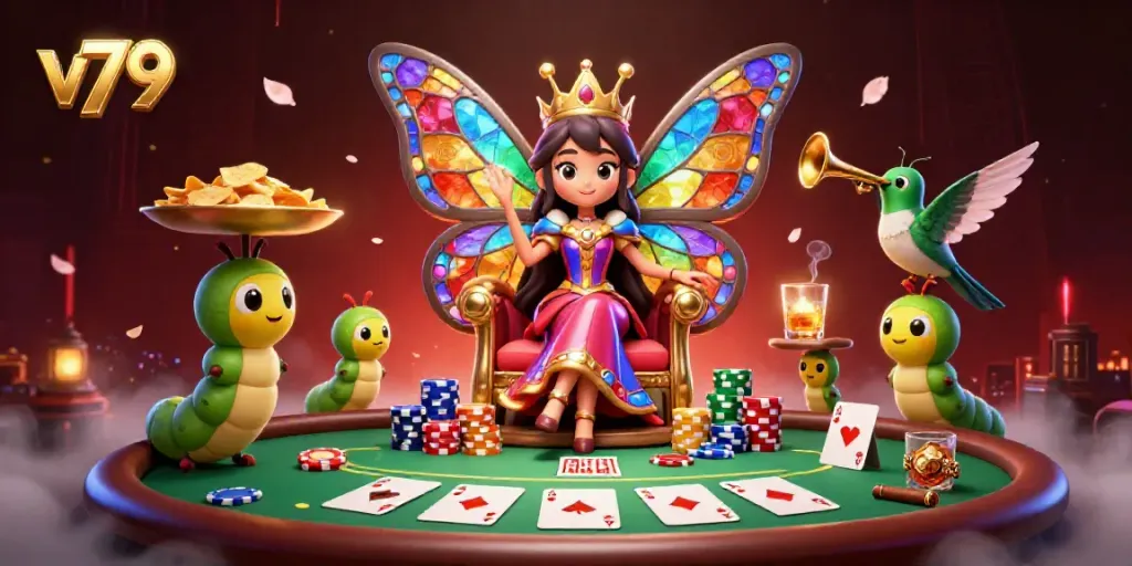 Experience vibrant gameplay at v79 with a butterfly queen and poker elements in a rich casino scene.