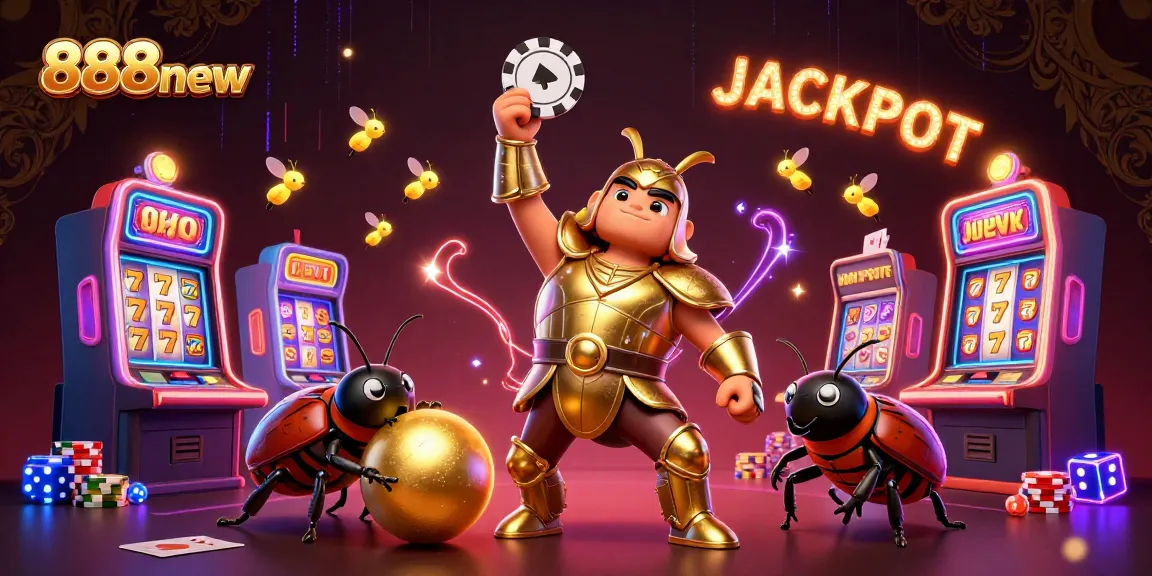 Experience excitement at 888new with a scene featuring a victorious hero and slot machines in action.