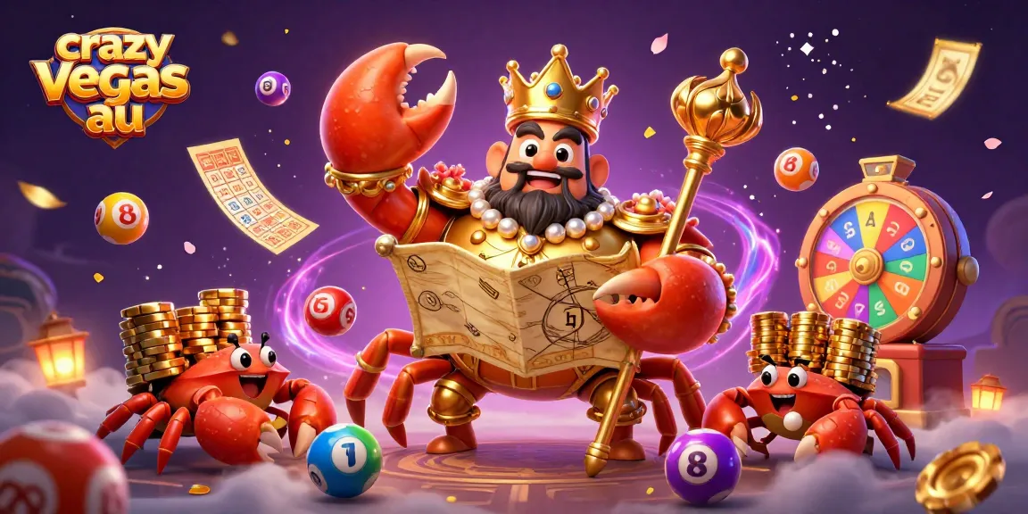 Play exciting games at crazy vegas au with vibrant lottery balls and a golden crab emperor.