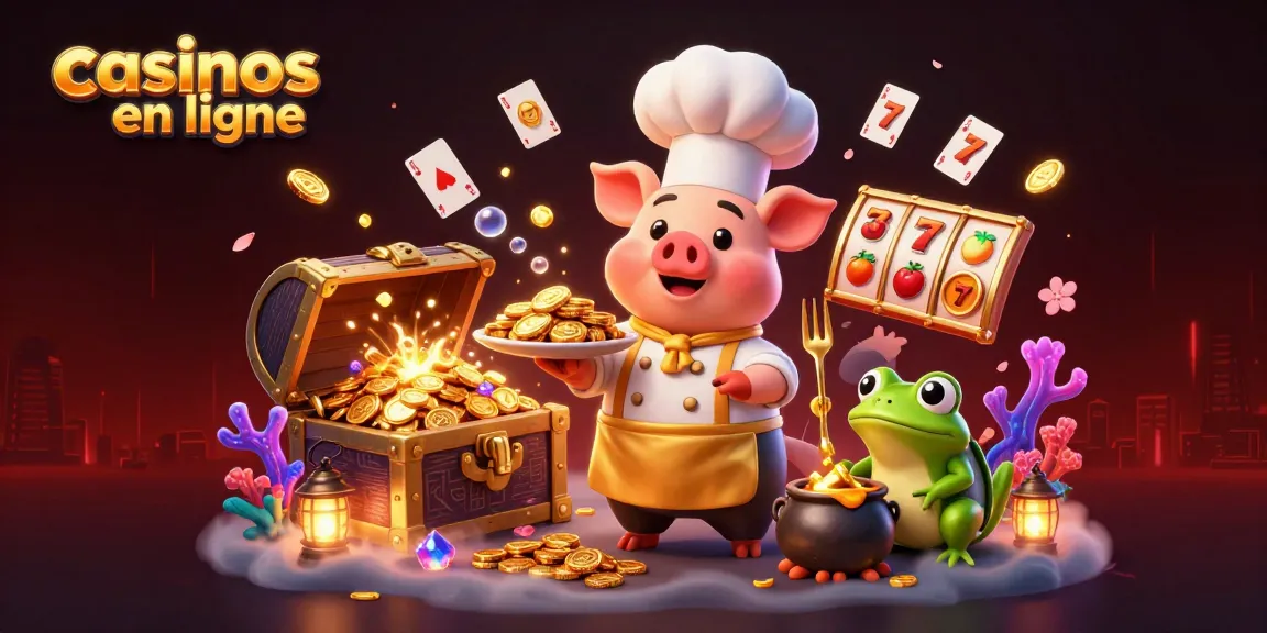 Jouer aux casinos en ligne et gagner avec une illustration de chef, critiques et coins d'or.