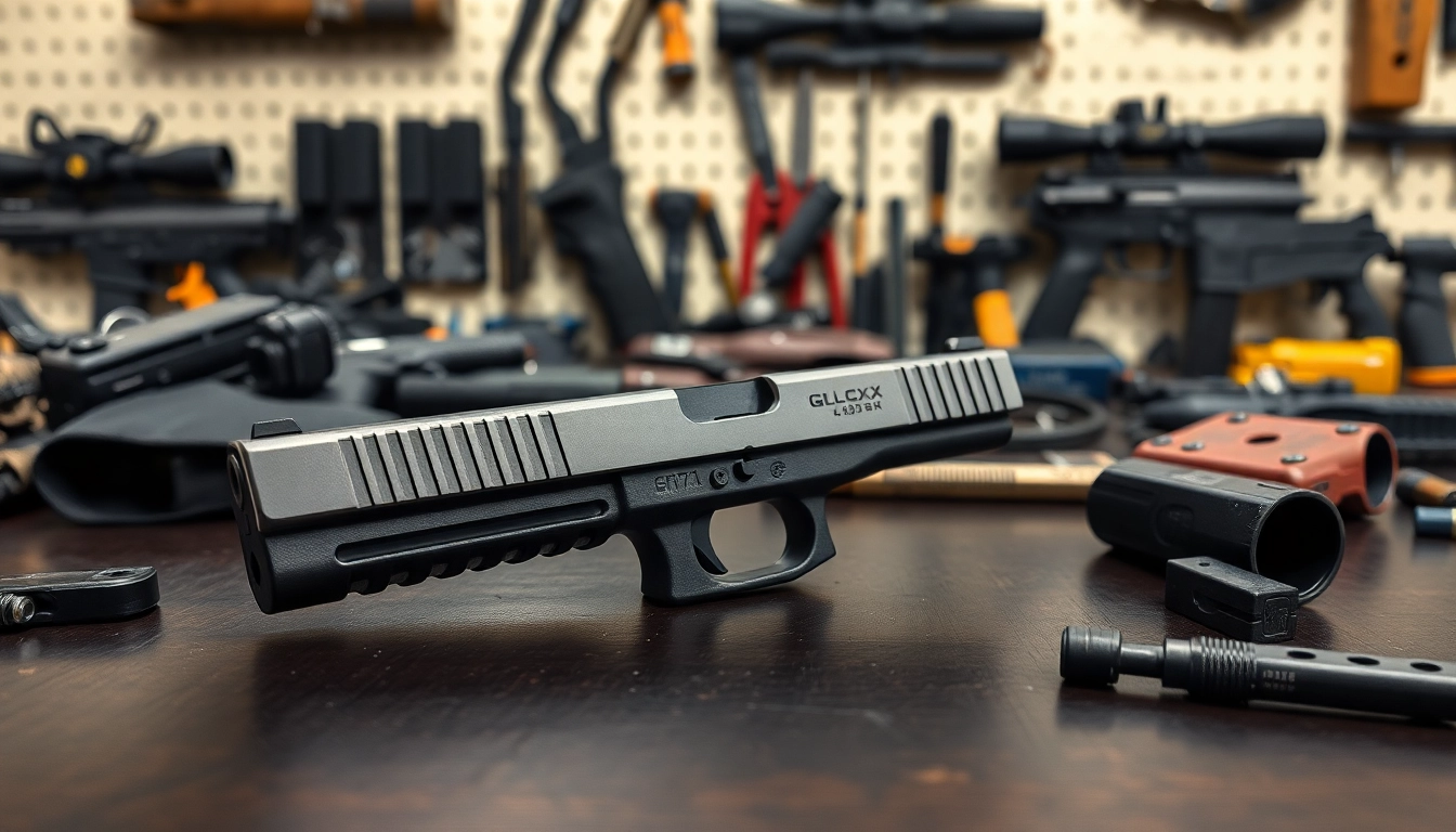 Showcasing a glock 43x slide with intricate details and accessories for upgraded performance.