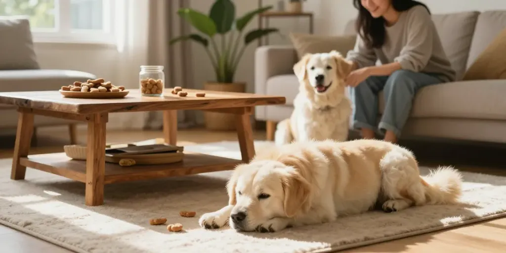 Calming dog treats on a coffee table with a relaxed dog in a cozy home setting.