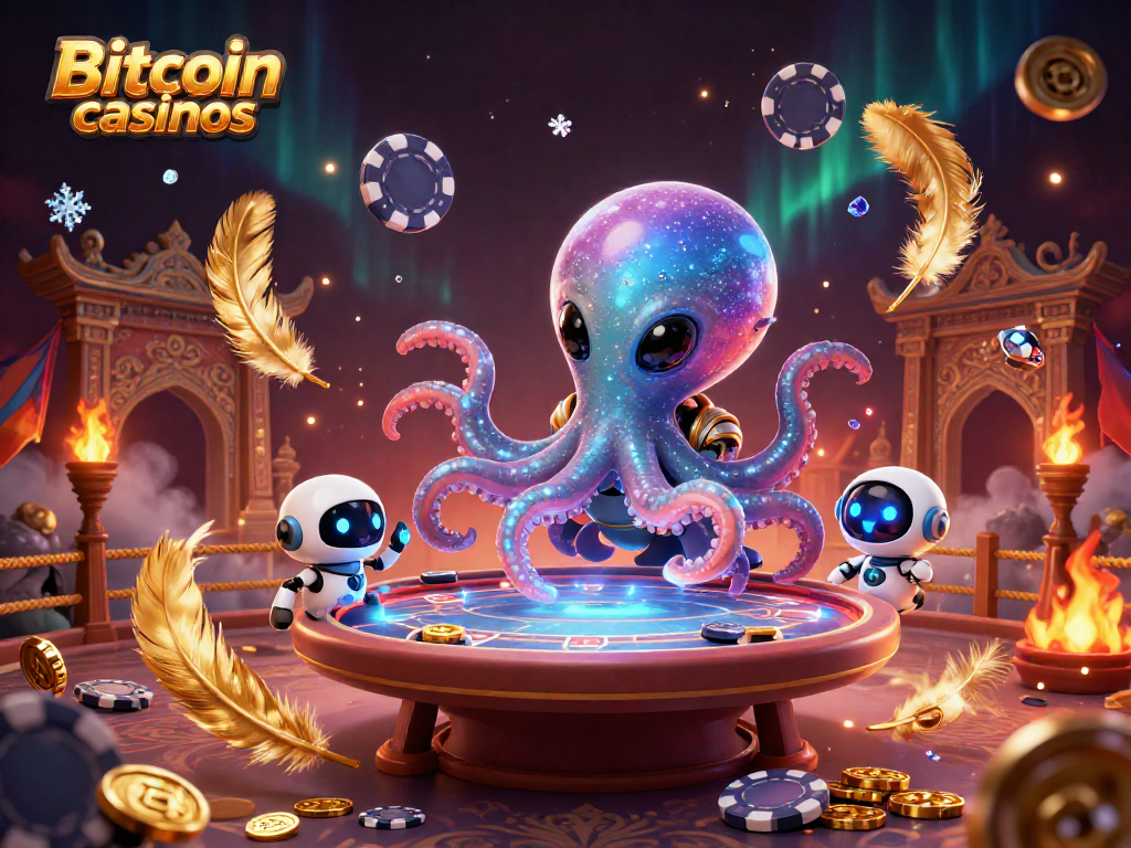 Jouez aux Bitcoin casinos avec un octopus extraterrestre et un robot excitant autour d'une table de poker holographique.