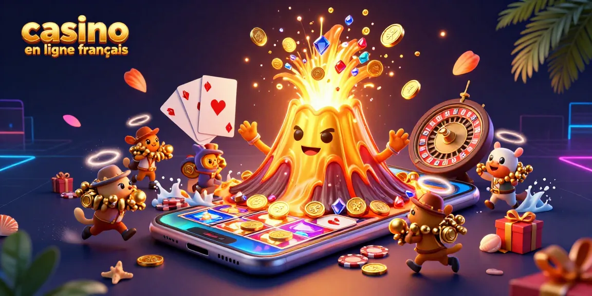 Plongez dans l'univers des jeux avec le volcan doré et les trésors dans cette illustration de casino en ligne français.