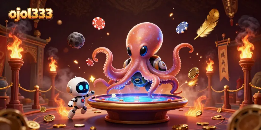 Experience an exciting game at ojol333 with a vibrant cosmic poker scene featuring an alien octopus.