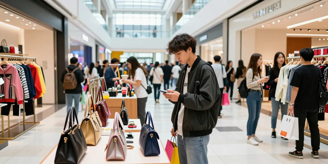 레플리카 쇼핑몰에서 스타일리시한 쇼핑객이 패션 아이템을 탐색하는 장면