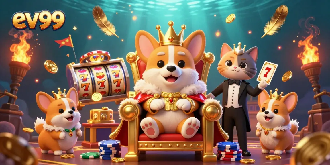 Experience the vibrant ev99 casino world with lively slots and royal characters in action.