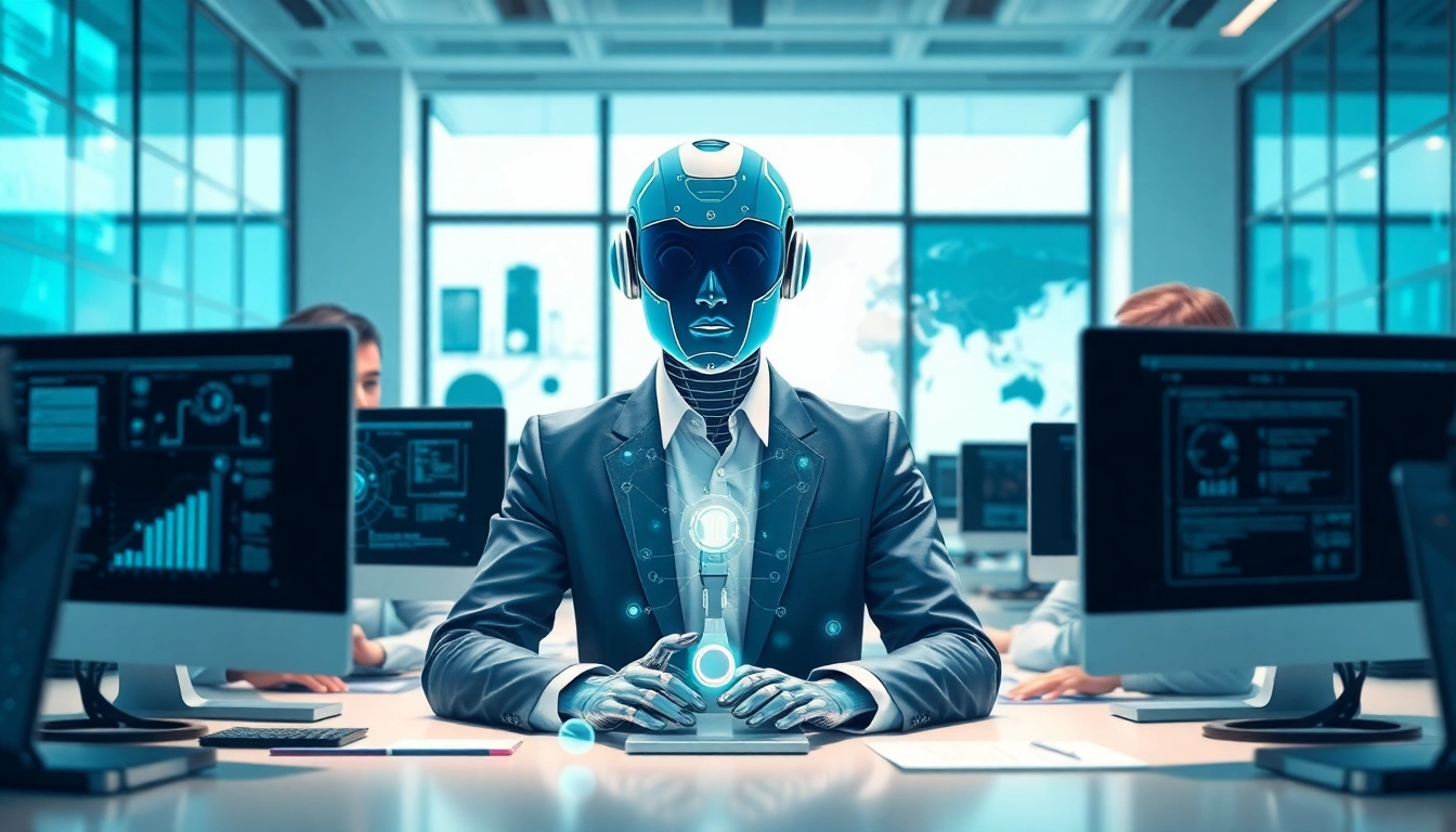 AI agents assisting professionals with data visualization in a modern office.